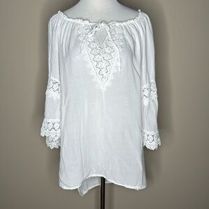 Womens 3/4 sleeve crochet sheer top/coverup white.